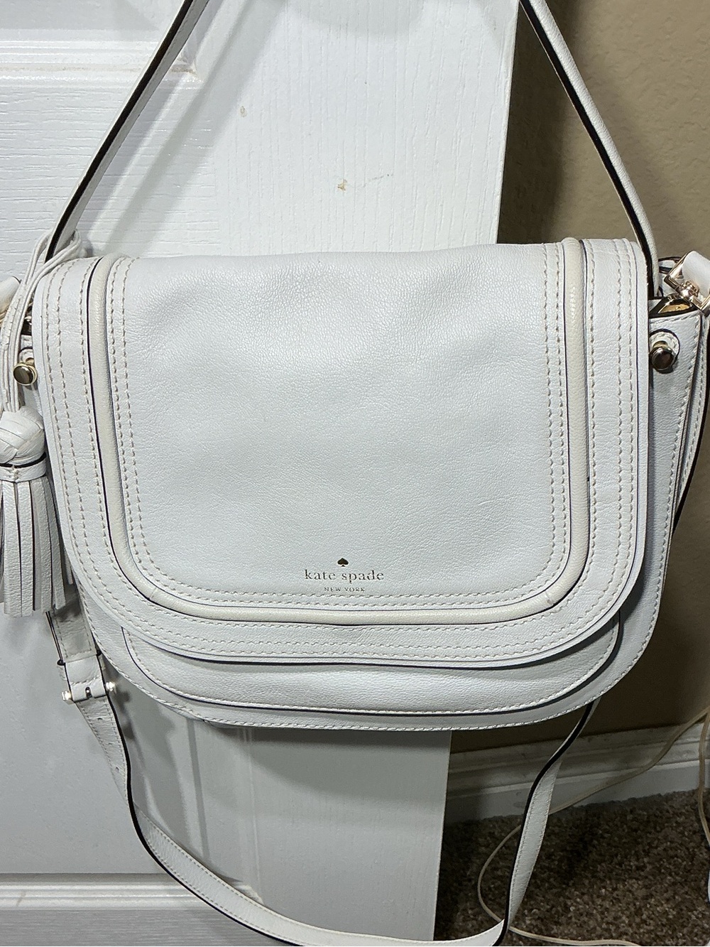 kate spade White Leather Flap Crossbody with Tassel